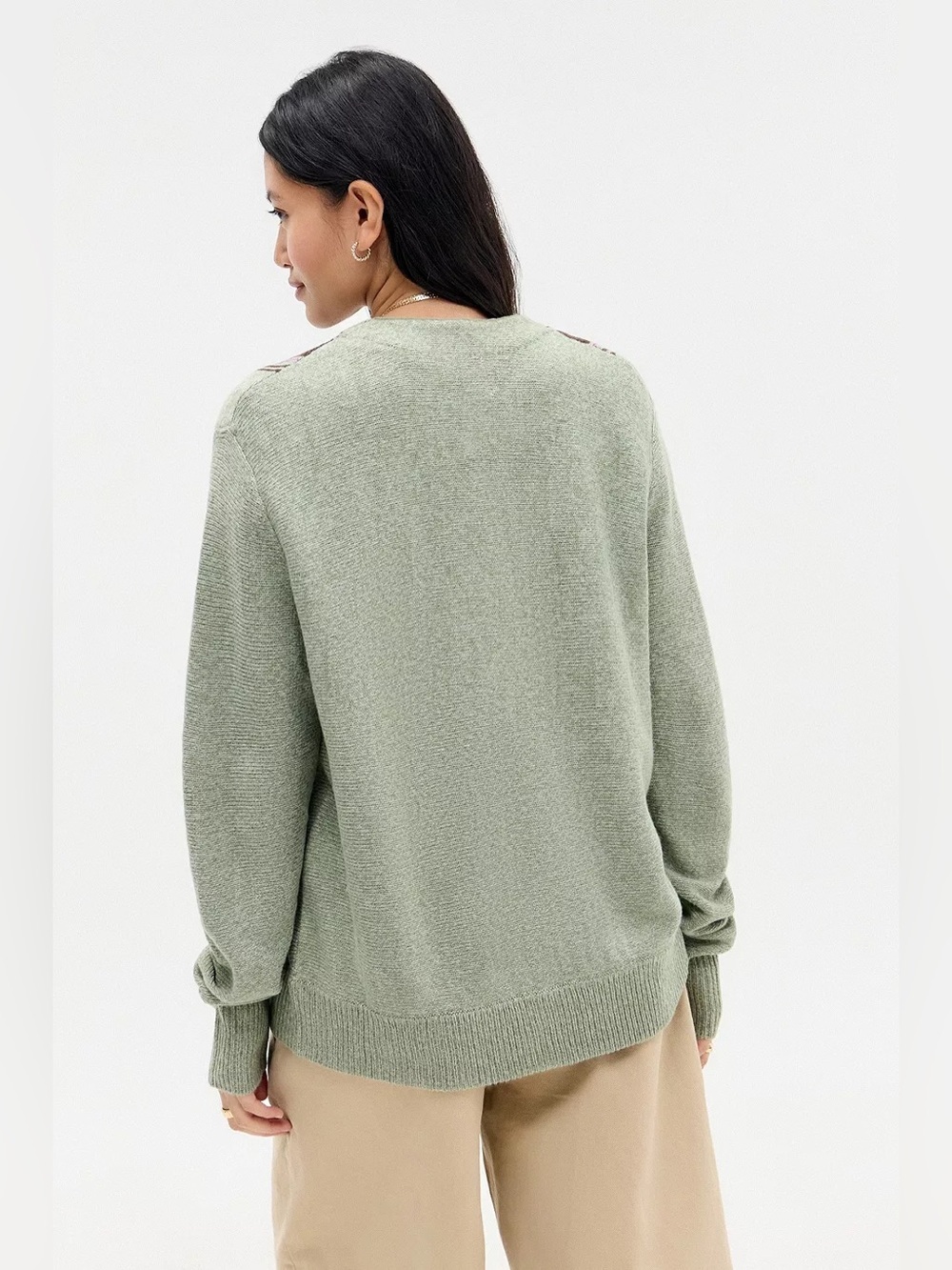 BDG Sage Green Button-Up Cardigan with Brown and Cream Stripes - Picture 2 of 7